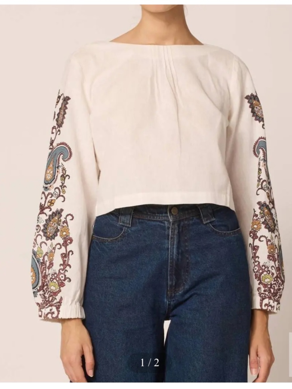 Cleobella Cotton/Linen Blend Cropped Georgia Blouse White Paisley XS Boho Casual